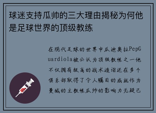 球迷支持瓜帅的三大理由揭秘为何他是足球世界的顶级教练